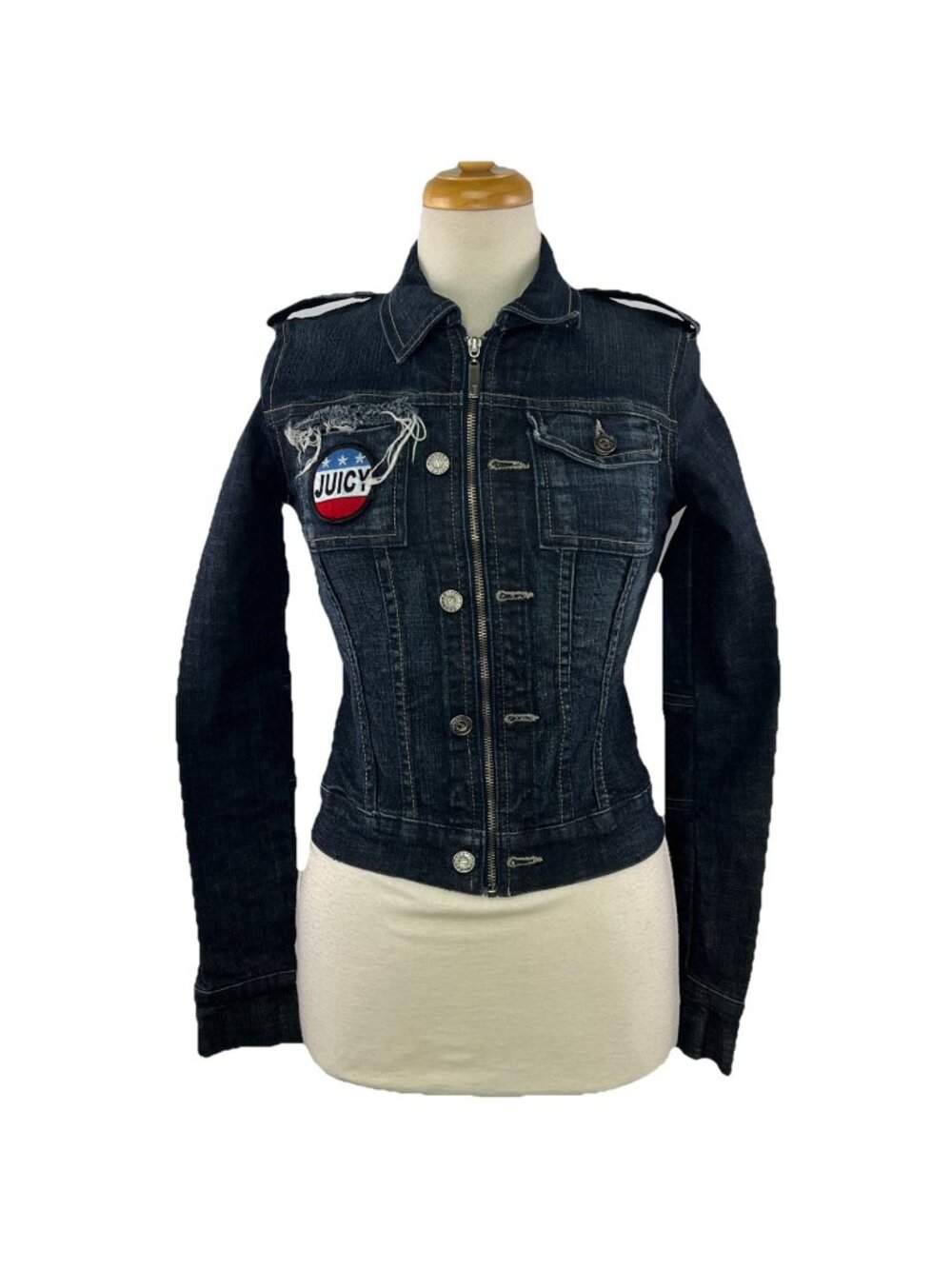 Juicy Couture Sz S *Runs Small* Zip Front Denim Jacket Patch Distressed USA Made